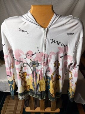 Women's White Cat Print Zip-Up Hoodie Sweatshirt